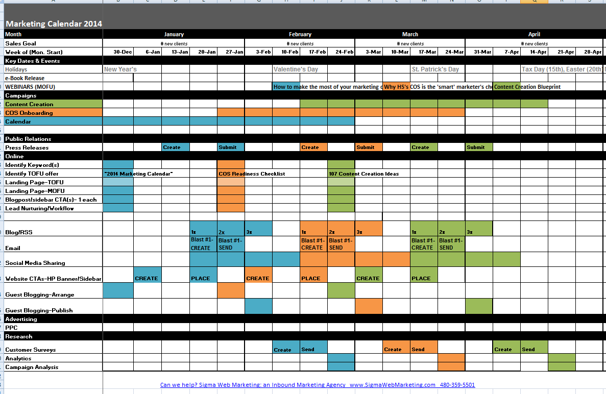 Marketing calendar sample, business sales and marketing plan software