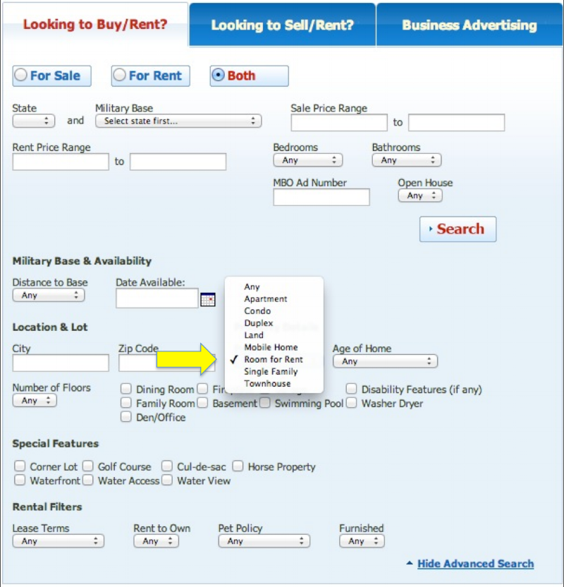 Advertise or Search “Room for Rent” on MilitaryByOwner.com