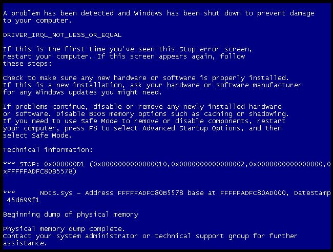Blue Screen of Death (BSOD) Windows OS