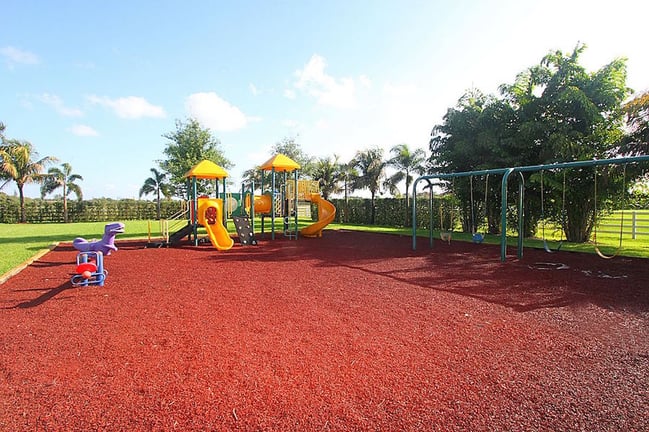 A full sized playground surrounded by palm trees has a swing set, a jungle gym, and plenty of space to run around in the Florida sunshine. A full sized playground surrounded by palm trees has a swing set, a jungle gym, and plenty of space to run around in the Florida sunshine.