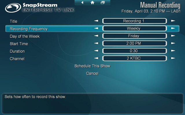Setting up a manual recording in Enterprise TV Link