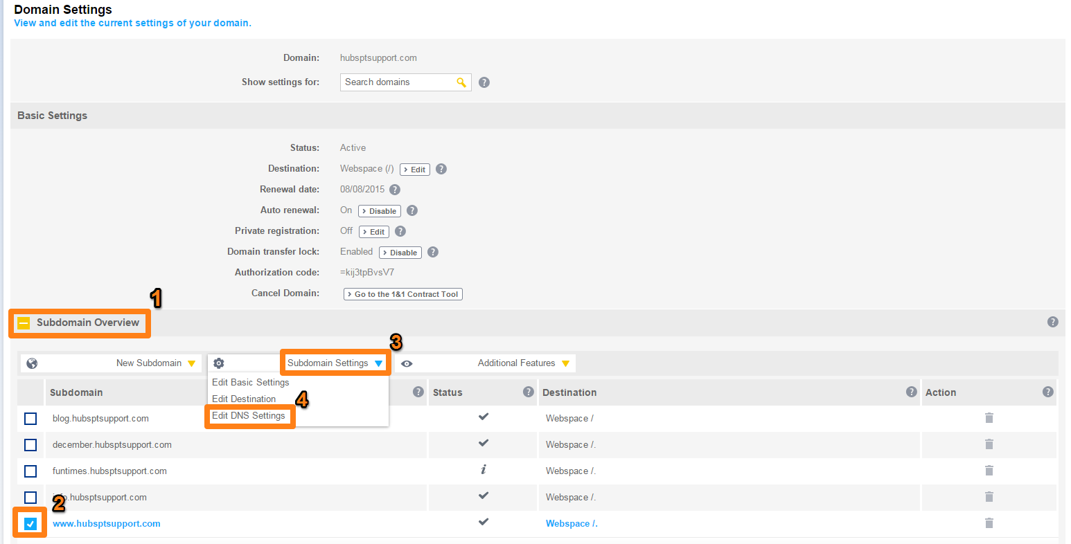 Editar la configuración DNS del subdominio