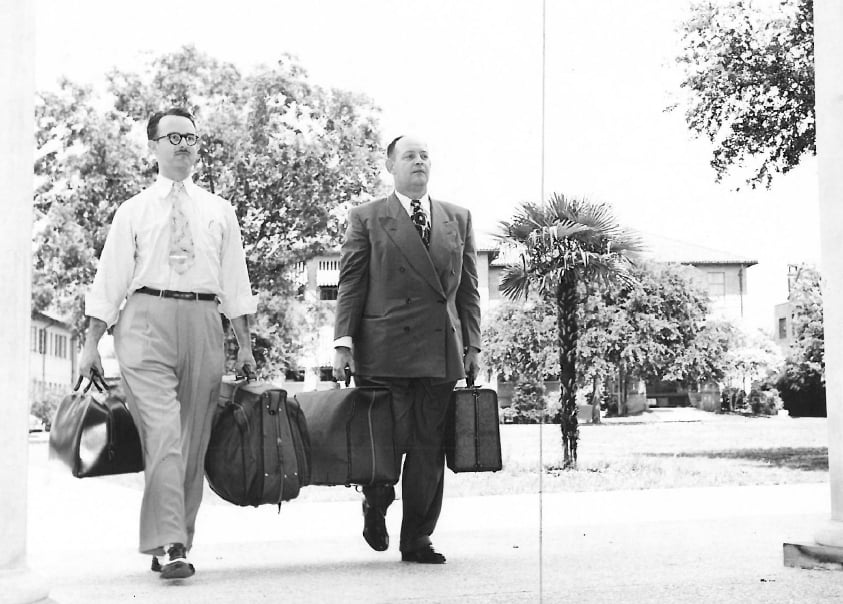 Bankers, dressed like bankers, arriving on campus for the first Session in 1950