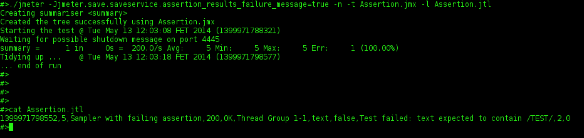 A screenshot of JMeter command line assertion.