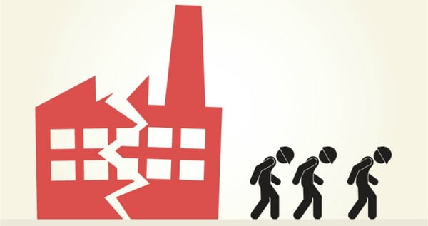 Cartoon image of a fractured factory, with three factory workers leaving