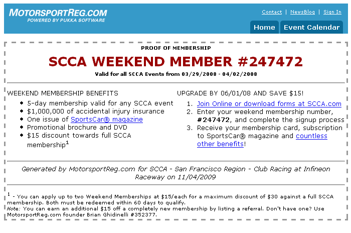 SCCA Weekend Membeship Certificate SCCA Weekend Membeship Certificate