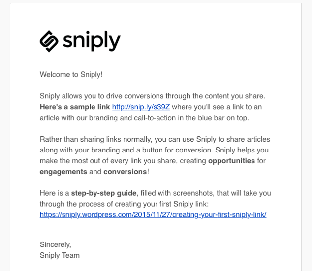 sniply welcome email sniply welcome email