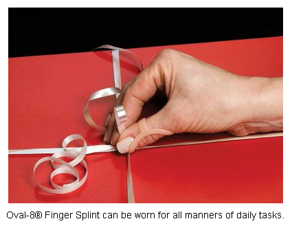 Oval-8 finger splints stabilize and align PIP and DIP joints.
