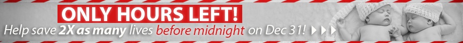 MATCHING CHALLENGE SET TO EXPIRE DECEMBER 31 • Only hours left to save 2x as many lives! •&nbsp;Donate Now!