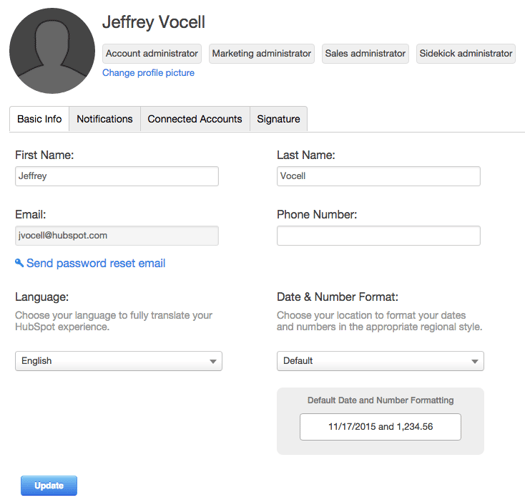 HubSpot Profile & Language Settings