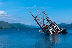 Partially submerged fishing vessel in Loch Linnie