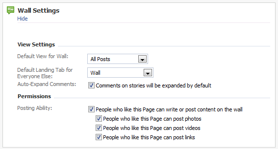 Facebook Page Wall Settings