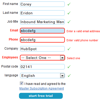 incorrect form fields