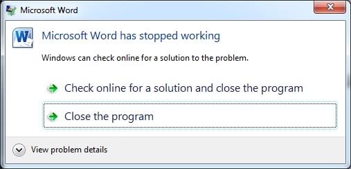 microsoft word crash