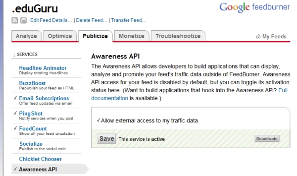 Activate Feedburner Awarness API