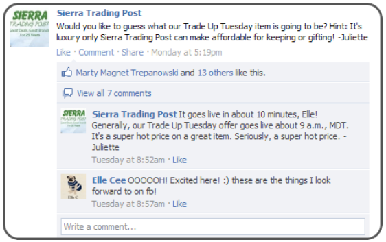 Sierra Trading Post teases their Facebook fans with new deals.