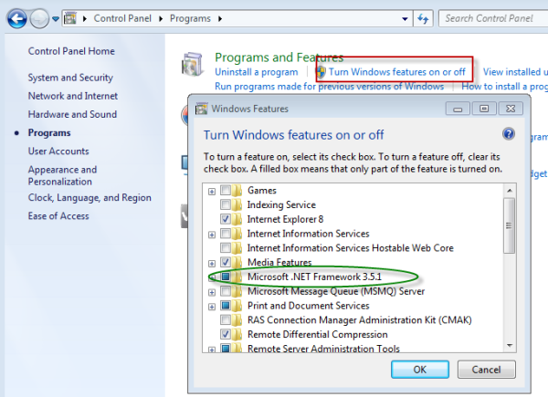 After Windows disables the feature you will need to go back re-enable Microsoft .NET Framework 3.5.1