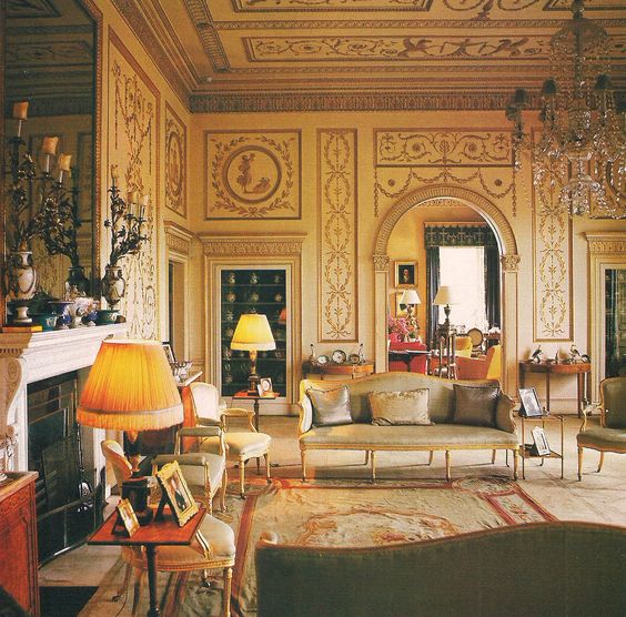 A traditional Aubusson rug is a great complement for Neoclassical architecture and English and French antiques as in the salon designed by David Hicks.