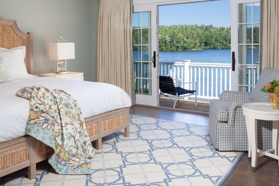  blue and white geometric needlepoint rug adds modern vibe and elegant lakeside bedroom by Cebula Design