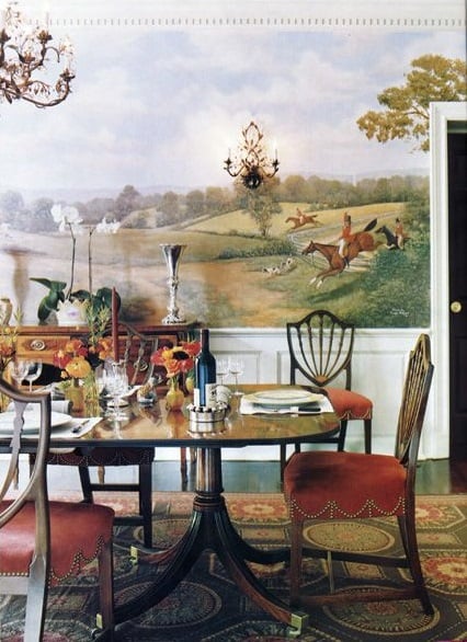 neoclassical needlepoint rug with green, gold and coral red makes great foundation for Downton Abbey and Federal style dining room designed by Bunny Williams