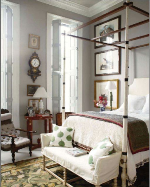An Aubusson rug with large exotic green leaves is a perfect way to design a light and airy bedroom.