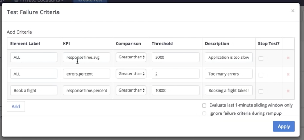 configure test failure criteria on load test