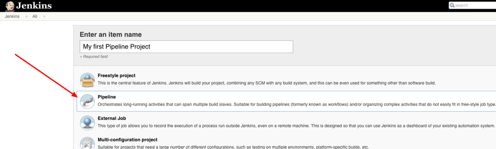 Create a new Jenkins project: New Item -> Pipeline