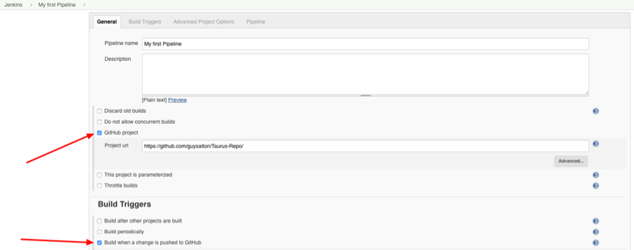 Check the boxes: ‘GitHub project’ and ‘Build when a change is pushed to GitHub’, and set your GitHub Repository project URL.