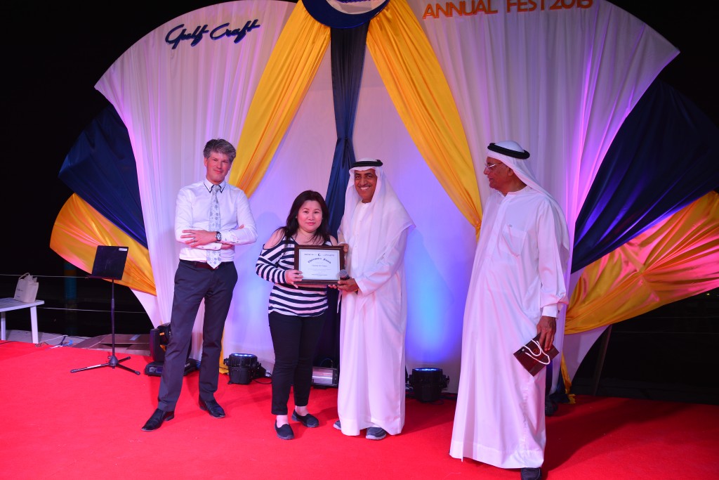 From R-L: Dr. Hamdan Alshamsi member of the Board of Directors, Mohammed Alshaali Chairman, Harriet Vitasa Chairman's Award recipient and Erwin Bamps CEO during the Chairman's Award ceremony.