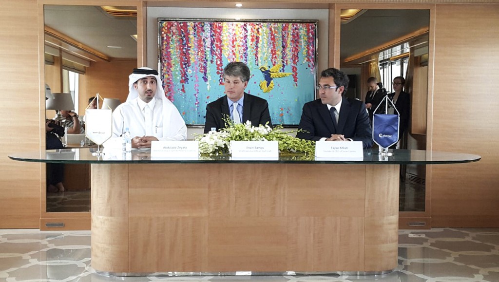Gulf Craft press conference with Abdulaziz Zeyara (left)- Director Strategic Corporate Planning, Lusail City, Erwin Bamps (middle)-Gulf Craft CEO and Faysal Mikati (right)- Founder & CEO of Snow Comms