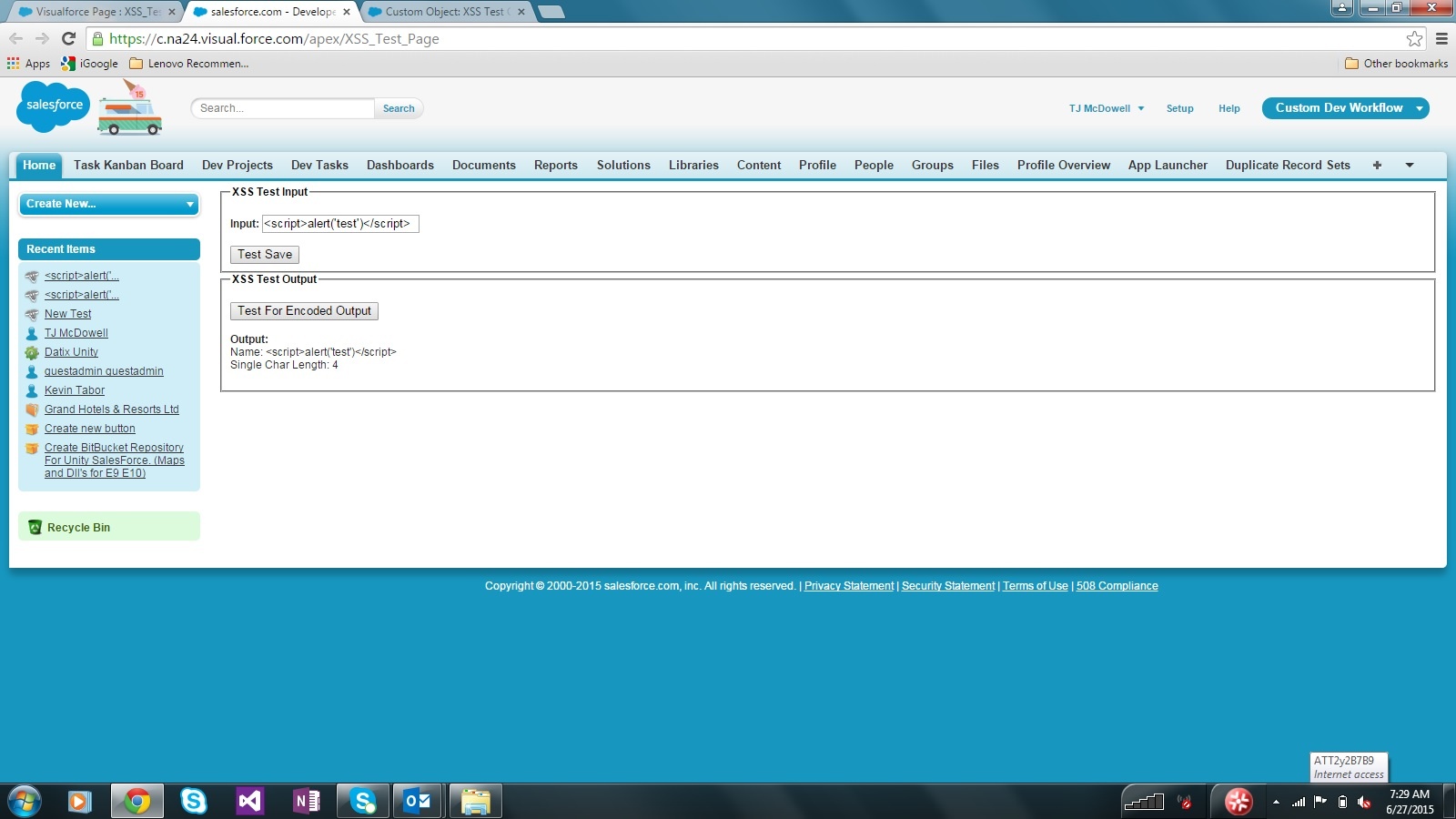 Visualforce XSS Test Page Rendered