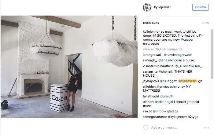 Kylie Jenner Instagram post Casper online mattress company