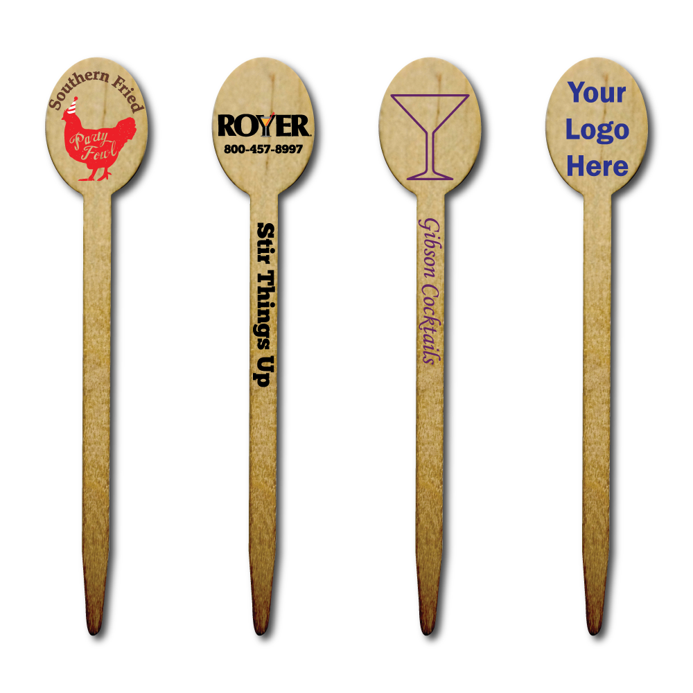 Wooden Garnish Pick Drink Stirrer Custom Printed With Sample Logos 5 Inches.png