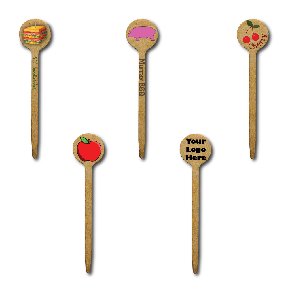 Wooden Round Top 4 Inch Cocktail Appetizer Food Sandwich Garnish Picks Custom Printed With Sample Logos.png