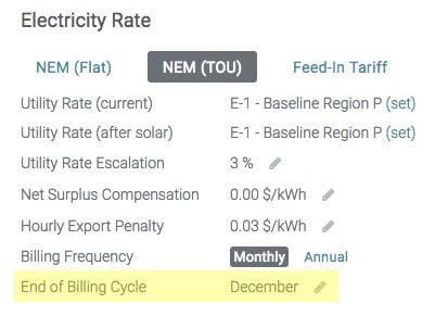 screenshot of Aurora showing where users can specify the end of the billing cycle