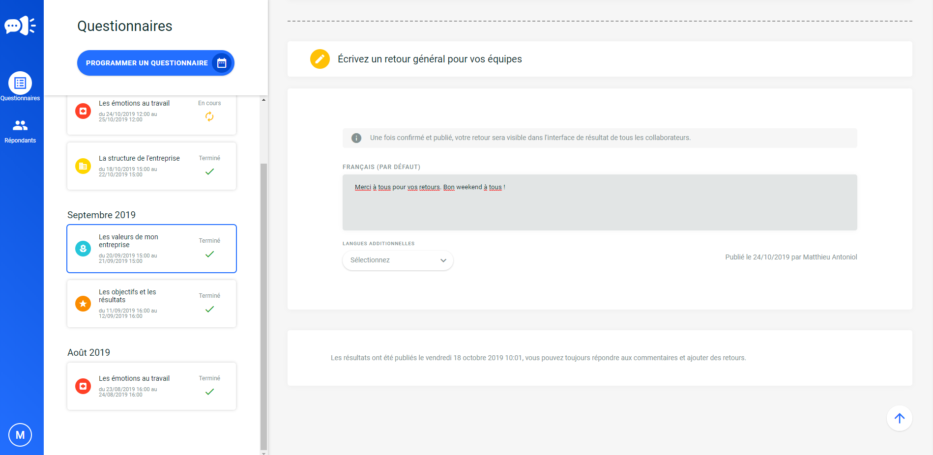 Ecran de résultat de l'application SpeakUp