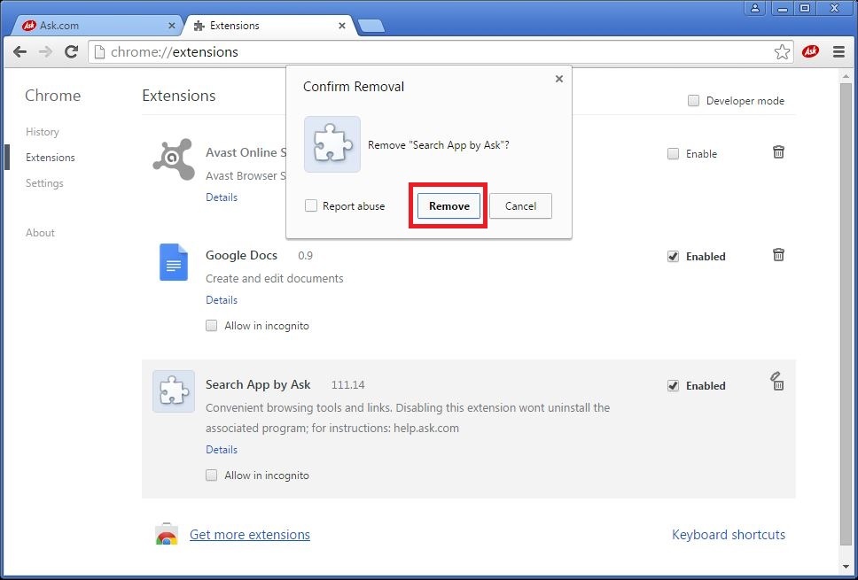 How to remove Ask toolbar from your Chrome browser - step 4