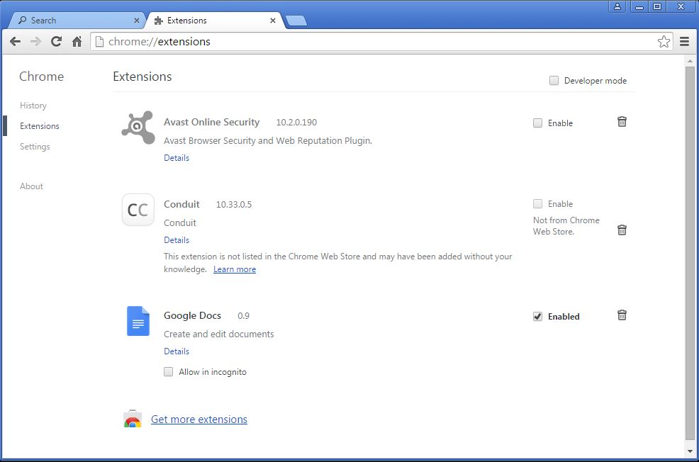 How to remove Conduit toolbar from your Chrome browser - step 2