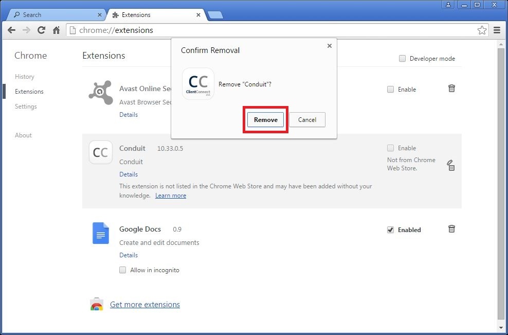 How to remove Conduit toolbar from your Chrome browser - step 4