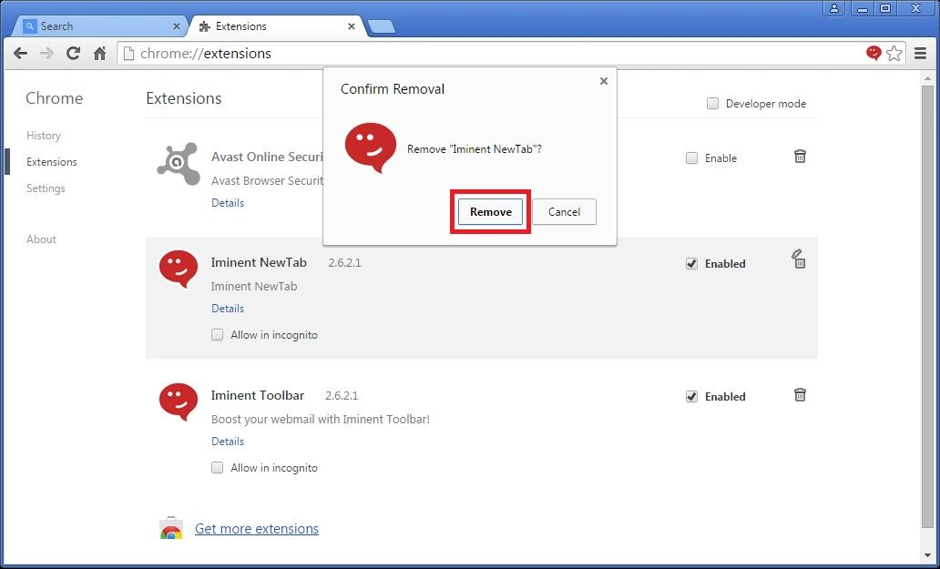 How to remove Iminent toolbar from your Chrome browser - step 4a