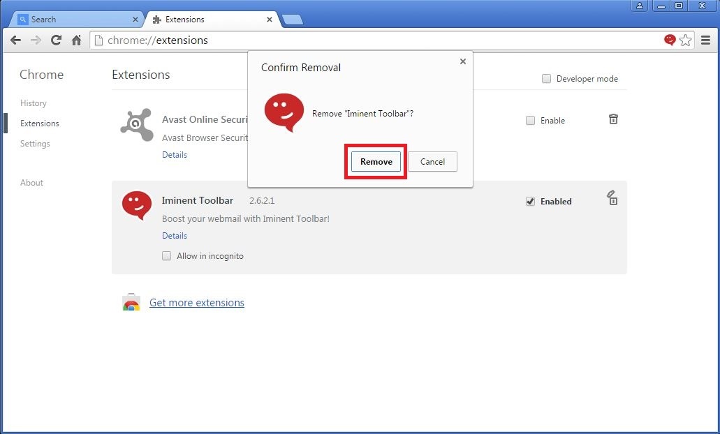 How to remove Iminent toolbar from your Chrome browser - step 4b