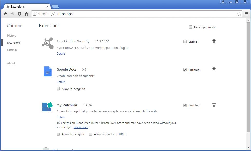 How to remove MySearchDial toolbar from your Chrome browser - step 2