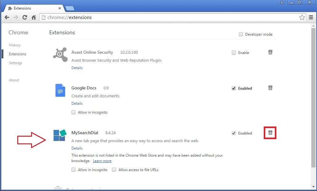 How to remove MySearchDial toolbar from your Chrome browser - step 3