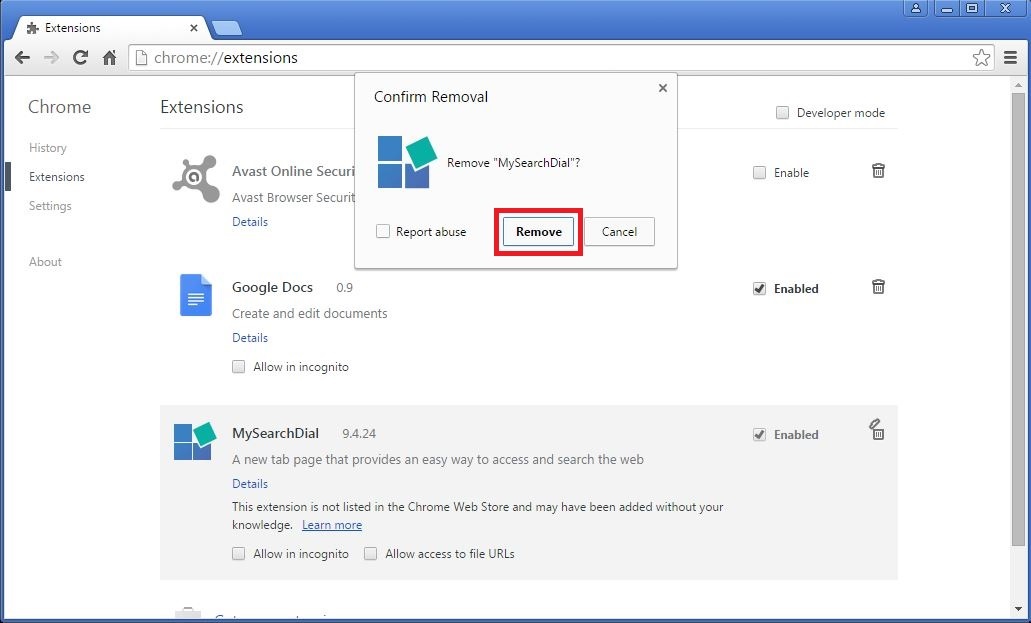 How to remove MySearchDial toolbar from your Chrome browser - step 4
