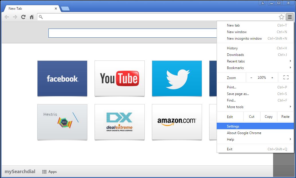 How to remove MySearchDial toolbar from your Chrome browser - step 1