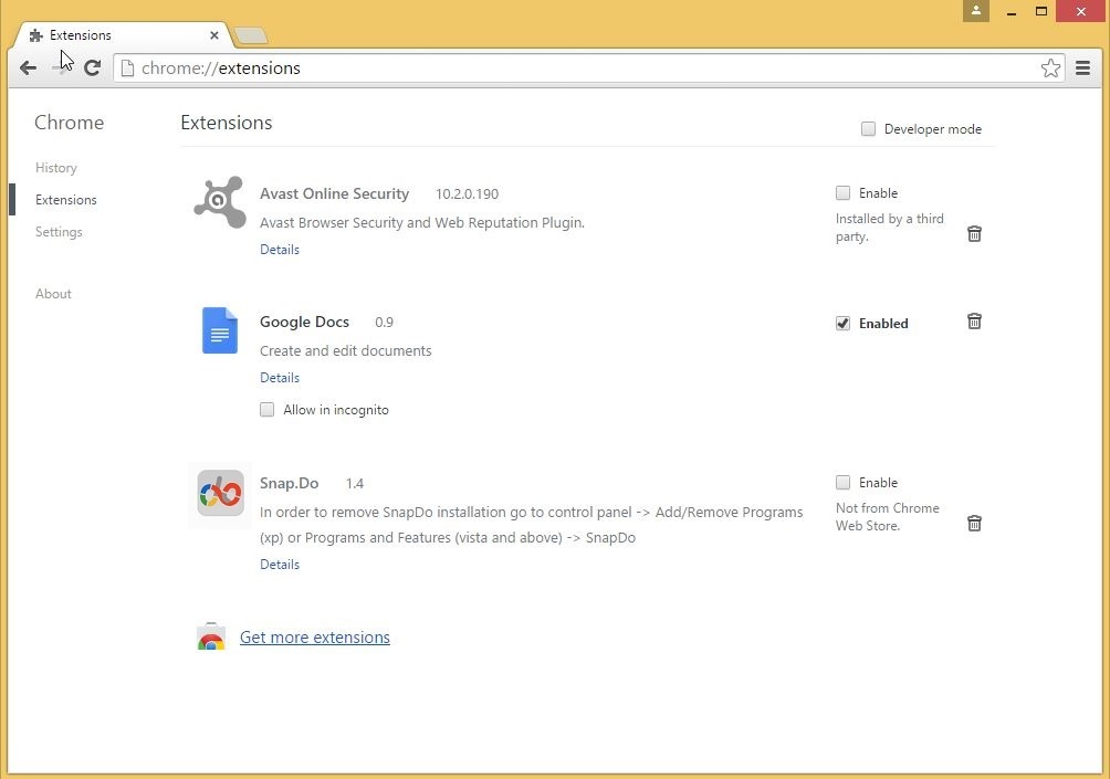 How to remove Snap.do toolbar from your Chrome browser - step 2