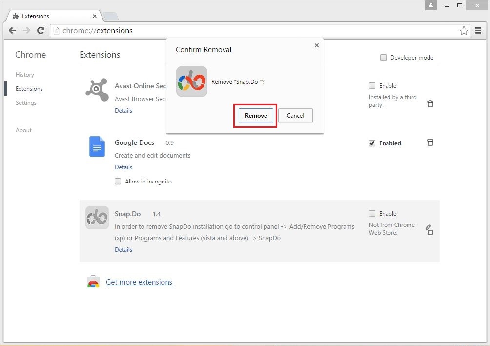 How to remove Snap.do toolbar from your Chrome browser - step 4