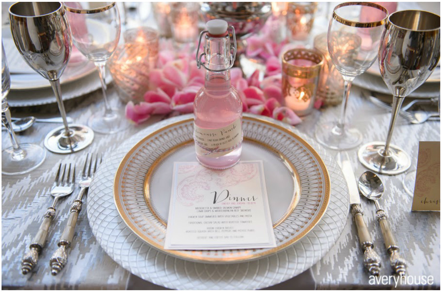 Delicate Pink and Black Menu Tablescape | BBJ Linen