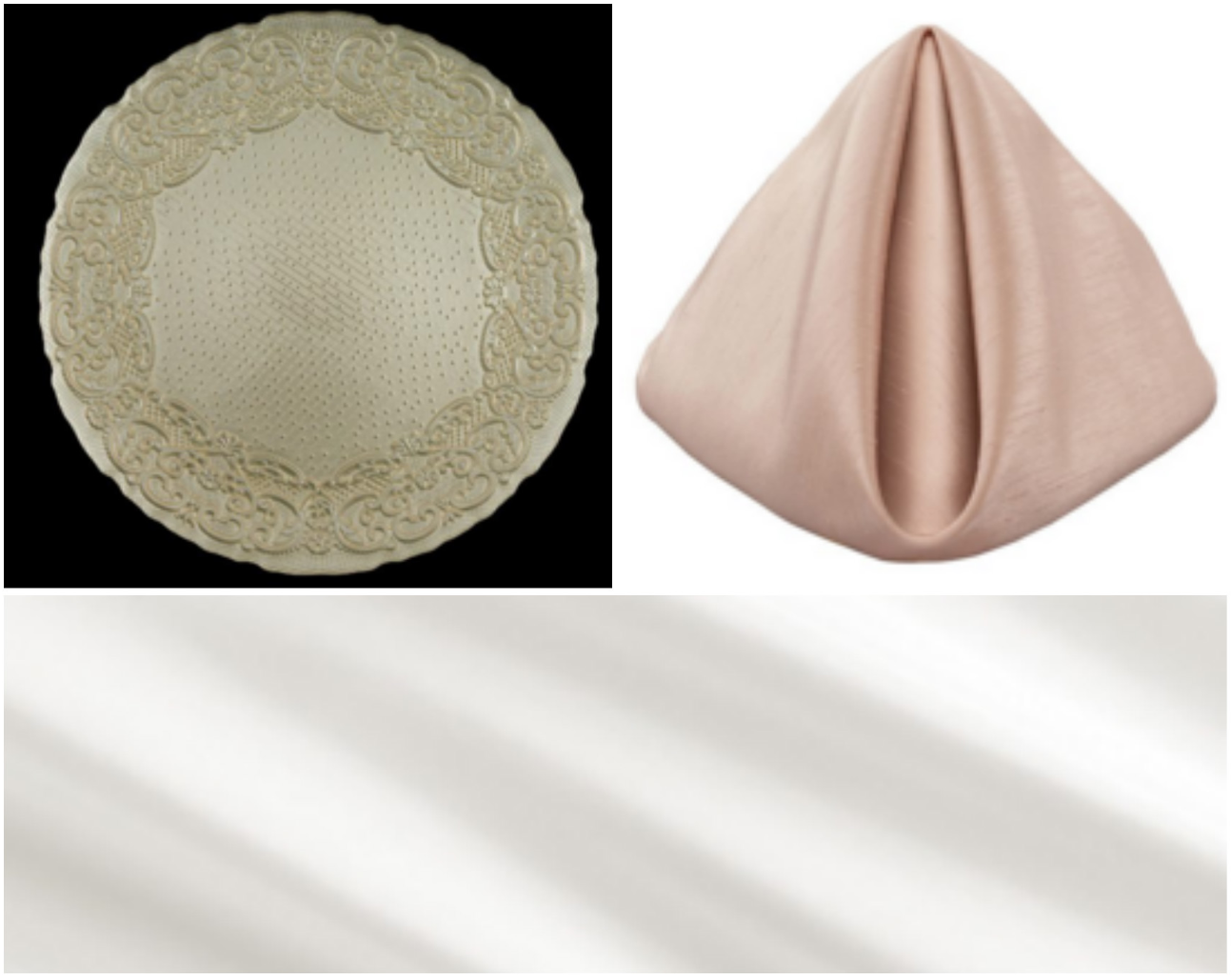 Vanilla Lace Charger Plates with Pale Pink Cameo Shantung Napkin and White Shantung Table Linen | BBJ Linen
