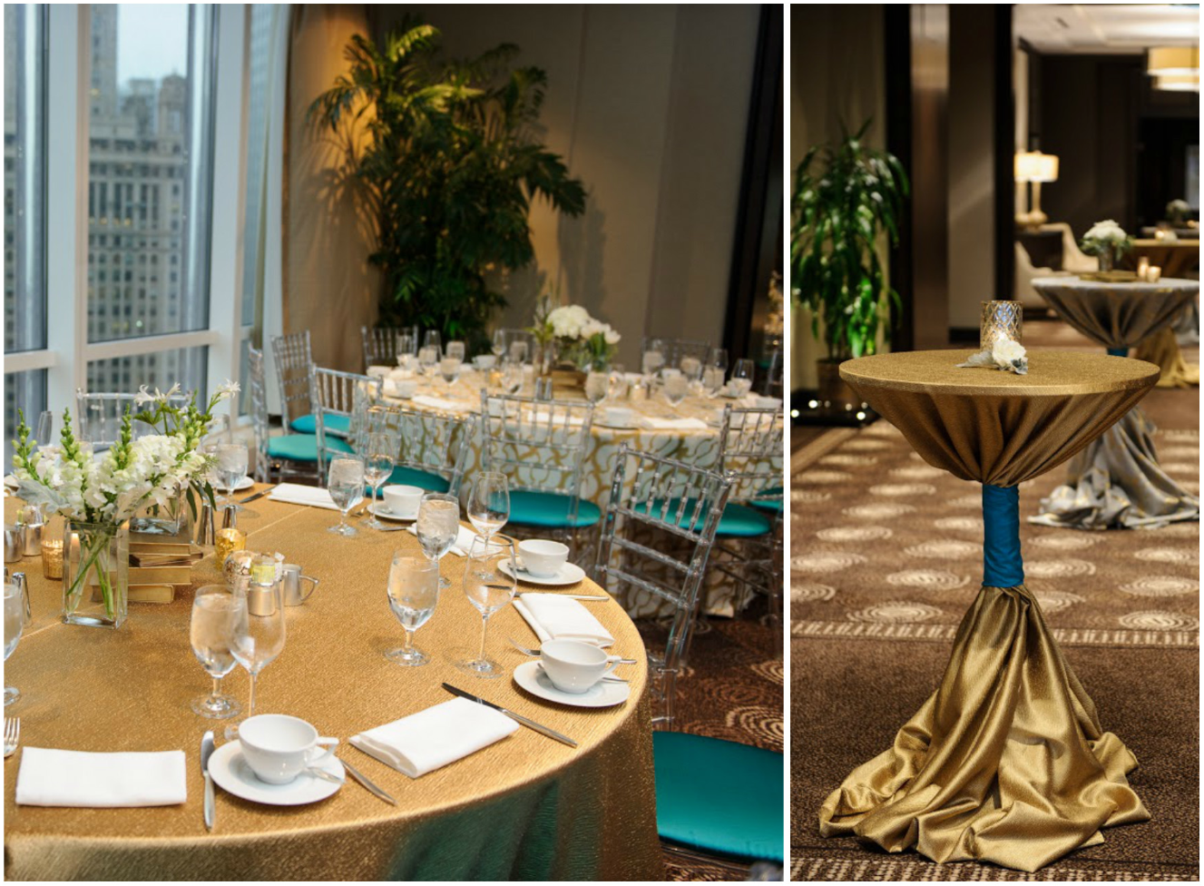 Gold Highboy Table Event Decor | BBJ Linen